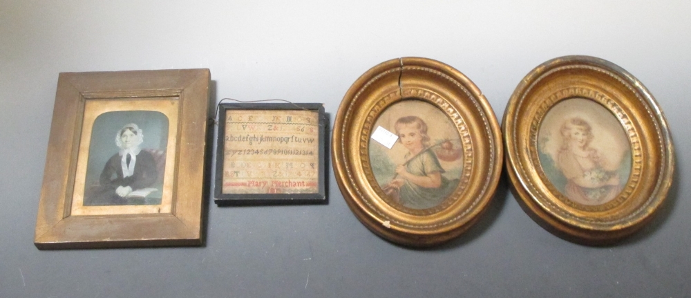 A small alphabet sampler by 'Mary Merchant 1803', approx 10cm, with a portrait miniature (presumably