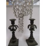 A pair of Regency bronze table lustres and a basket chandelier