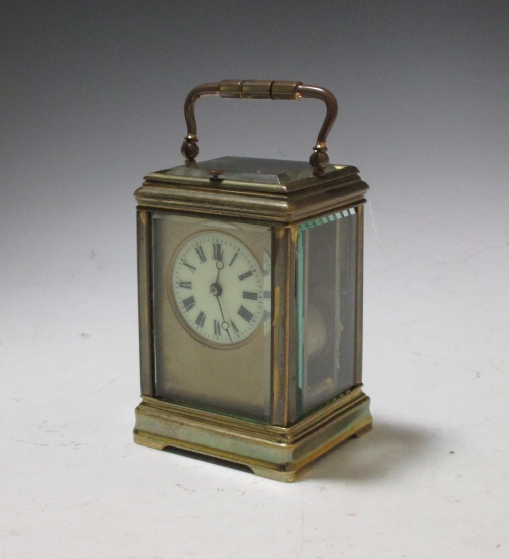 A French carriage clock, circa 1880 with repeat button and gong strike, with replacement platform