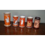 Five orange ground spill vases printed in black with classical figures, two marked Copeland, the