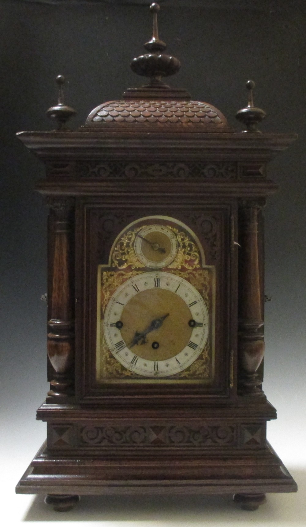 A late Vitcorian three train gong chiming mantle clock with brass German fusee movement, with wall