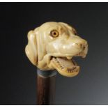 A late Victorian ivory handled walking cane carved as a dog's head, and another dog shape horn