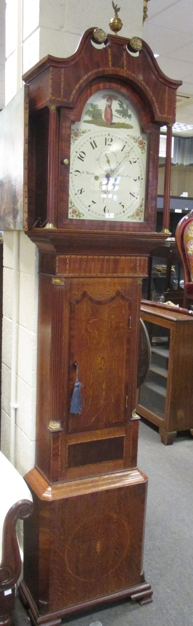 A Victorian oak and inlaid 8 day longcase clock, the arched painted dial signed 'W.Rigby, Coventry',