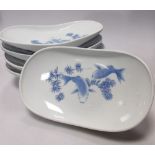 Five Japanese Arita blue and white bowls painted with fish, 21cm wide, five more with covers, 11cm