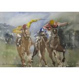 Jockeys racing horses, watercolour, indistinctly signed lower left, 35 x 49 cm; cartoon os a rider