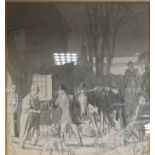 Three watercolour figure groups painted en grisaille, possibly artwork for brewery advertisements,