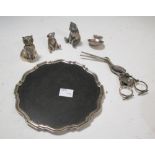 Two silver teddy bear peppers, a silver caddy spoon, London 1802, grape scissors in the form of a