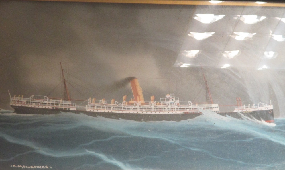 A pierhead painting, RMS Orontes, gouache on board, and a print of Rome