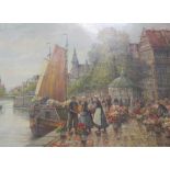 Alex Blaeffer (20th Century) - Dutch flower market on a harbour, oil on canvas, signed lower left,