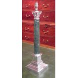 A pair of silverplated & green marble Corinthian column table lamps