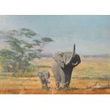 R A Jones (British, 20th Century) - African Elephant mother and child, signed lower left "R A