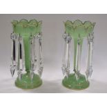 A pair of Victorian green glass crown top table lustres (2) 28cm high