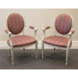 A pair of grey painted French style open armchairs