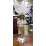 Hukin & Heath plated oil lamp with column support and fern leaf etched glass shade, marked to