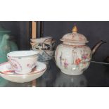 Two 18th century Chinese tea bowls and saucers, four other tea bowls and a tea pot (9)