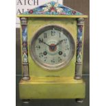 A 19th century champleve brass and enamel mantle clock, of architectural form showing arabic