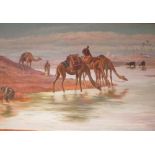 Egyptian School (20th Century), Camels at an oasis, oil on board, 67 x 98cm