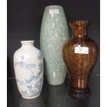 A Chinese crackled celadon vase, 31cm high, an amber glass vase with silver leaf inclusions, 21.