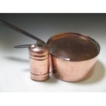 A 19th century copper pan with lid and a copper water bottle