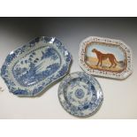 A 19th century Chinese export blue & white meat plate, another plate and a Chinese dish decorated