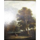 English School, 19th century, Two figures in a clearing, oil on board, framed, 17 x 14cm