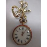 A lady's 14ct fob watch, with enamelled case, gilt decorated cream dial and baton numerals, with
