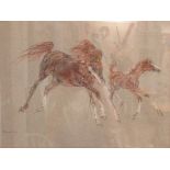 Study of a mare, 'Masque, and her foal 'Ibn Masque', pastels on grey paper, signed lower left