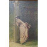 French School (20th Century) - Lady with a child hiding in a garden, oil on canvas, signed