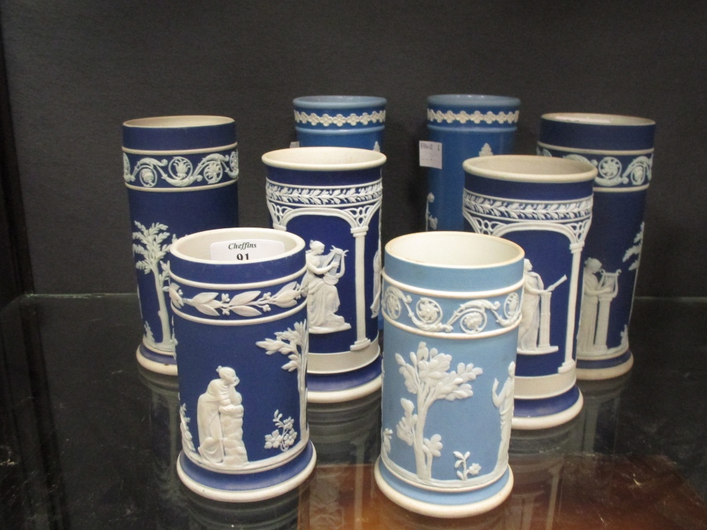 Three pairs and two other jasperware spill vases by Wedgwood, Dudson and others, tallest 15cm