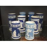 Three pairs and two other jasperware spill vases by Wedgwood, Dudson and others, tallest 15cm