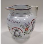 A 19th century commemorative creamware jug, printed with pairs of men holding up George's crown