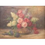 C Krebs (20th Century) - Still Life of Roses and Lilacs in a vase, oil on canvas, signed lower right