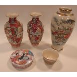 A pair and another Satsuma vase, a tea bowl and a porcelain box with painted cover