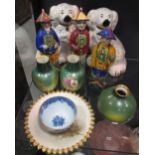 A Granger's Worcester plate, three Chinoiserie figures, a vase garniture, Staffordshire spaniels and