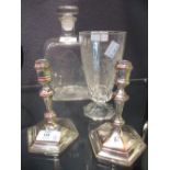 A pair of small plate candlesticks, a rectangular glass decanter engraved 'French' and 'L&MS' and an