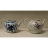 Two 18th century Worcester tea pots (lacking lids) (2)  The blue and white tea pot has chips to