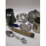 A silver sugar bowl and various other items