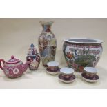 Two Japanese vases, Chinese tea wares and a planter