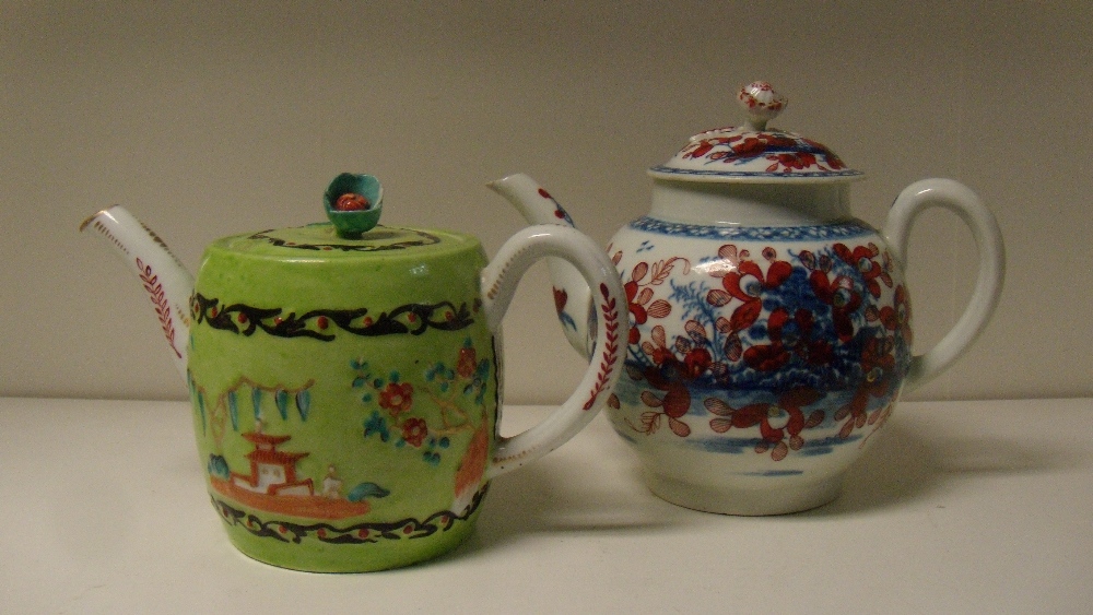 A Worcester green ground tea pot and cover and another blue and white later over painted (4)  The