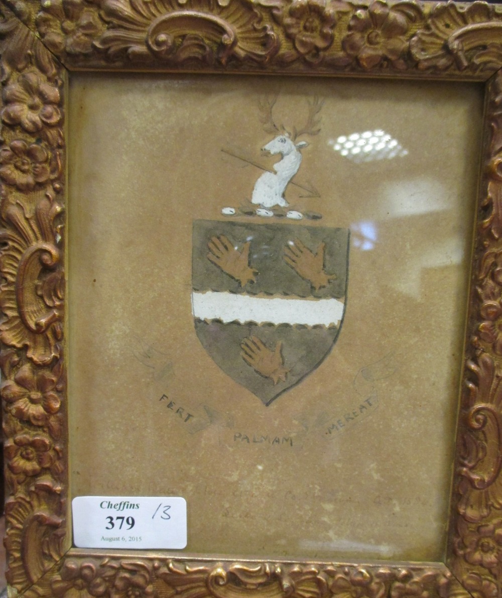 Portrait of a gentleman in a gilt frame, pastel, together with two framed watercolours of crests (3) - Image 3 of 4
