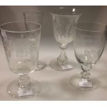 A Webb 1953 coronation glass, two Victorian engraved glasses and an 18th century glass