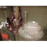 A pair of ruby overlay glass decanters, two carafes together with clear glass