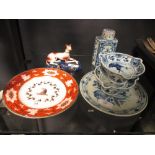 A mid 19th century porcelain greyhound, Chamberlain's Worcester crested plate and Delftware