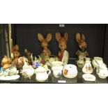 Nine Pendelfin pottery rabbits, two Royal Doulton porcelain dogs, Toby jugs etc