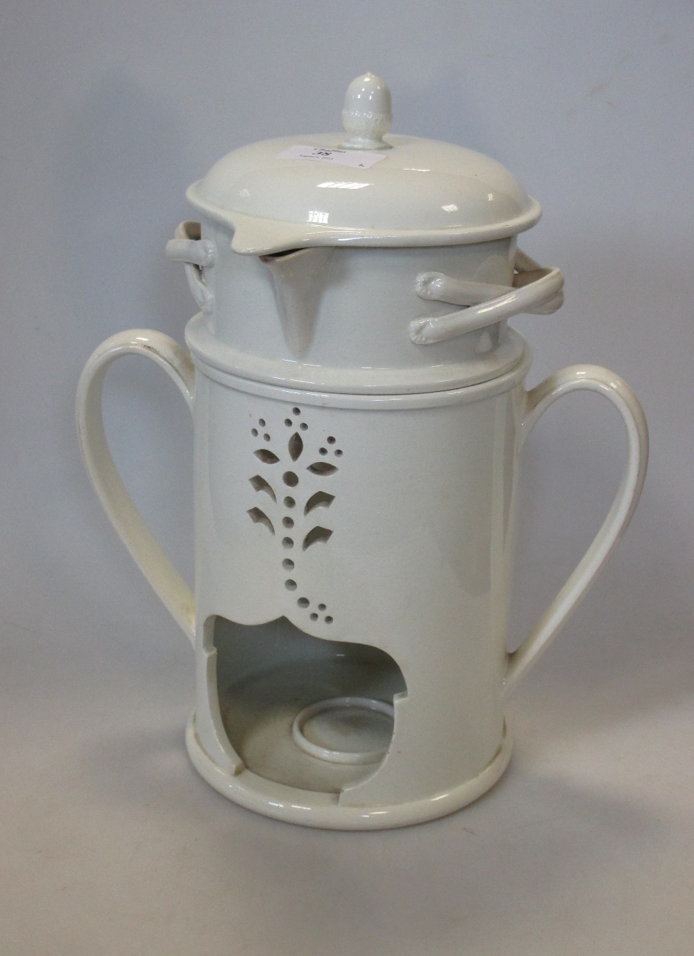 A Wedgwood creamware Veilleuse with two handled nightlight chimney and covered pouring bowl, 26cm