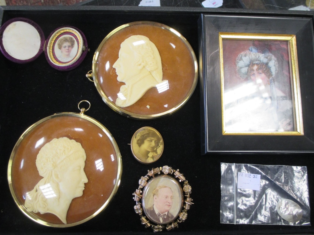 A pair of wax portrait miniatures and a small collection of other painted miniatures (7)