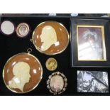 A pair of wax portrait miniatures and a small collection of other painted miniatures (7)