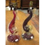 A pair of Murano coloured glass fish lamp bases