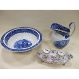 A Wedgwood Ferrara pattern jug and bowl, and a German 'AR' porcelain inkstand (damaged)