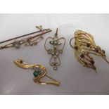 A 9ct garnet brooch, a 9ct emerald brooch, a pale blue hardstone bar brooch and an Edwardian seed